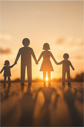 Família em silhueta de mãos dadas ao pôr do sol, representando vínculos familiares
